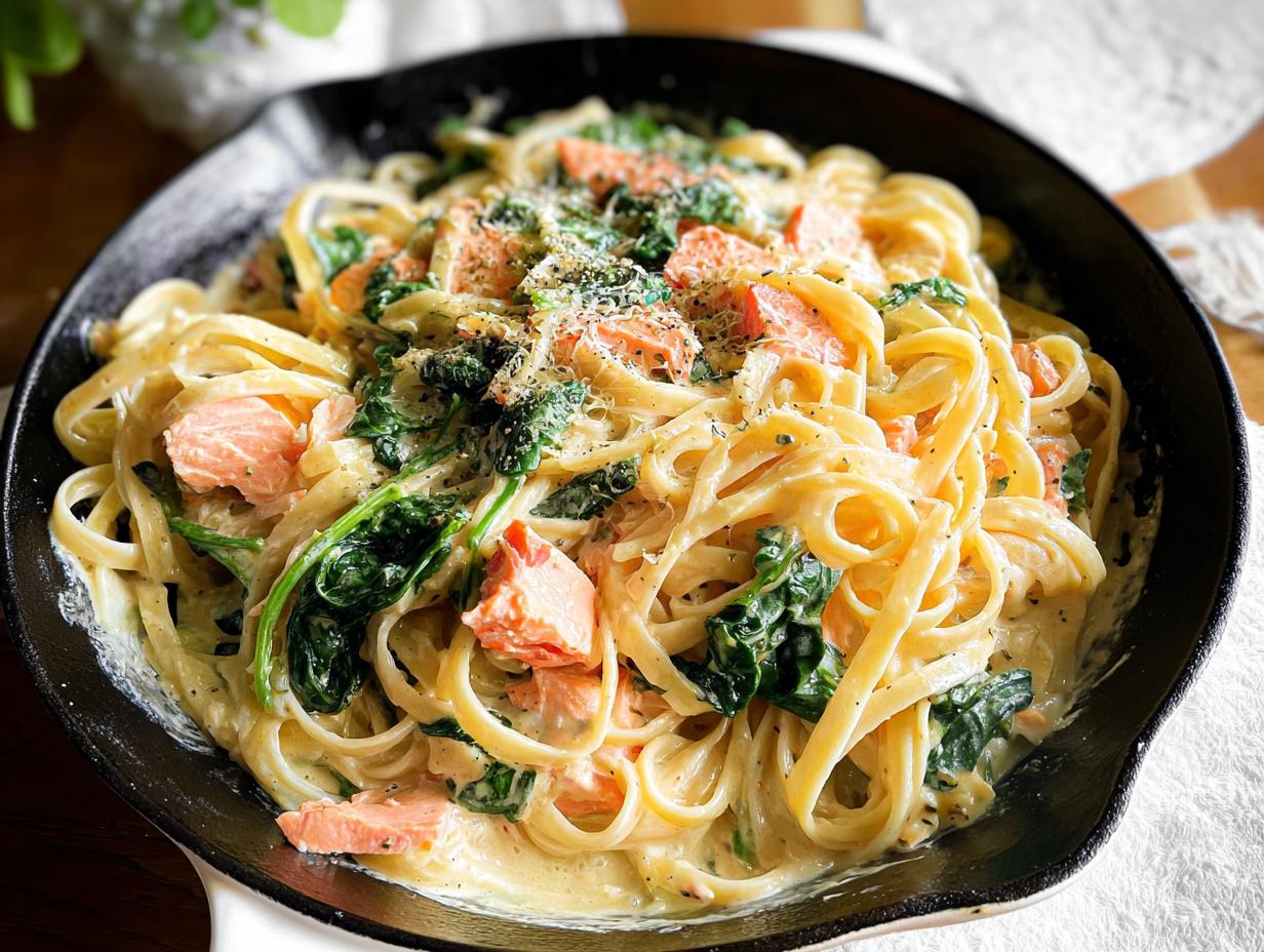 Close-up of Creamy Garlic Salmon Pasta Skillet featuring fettuccine, pink salmon chunks, and wilted spinach in a black skillet.