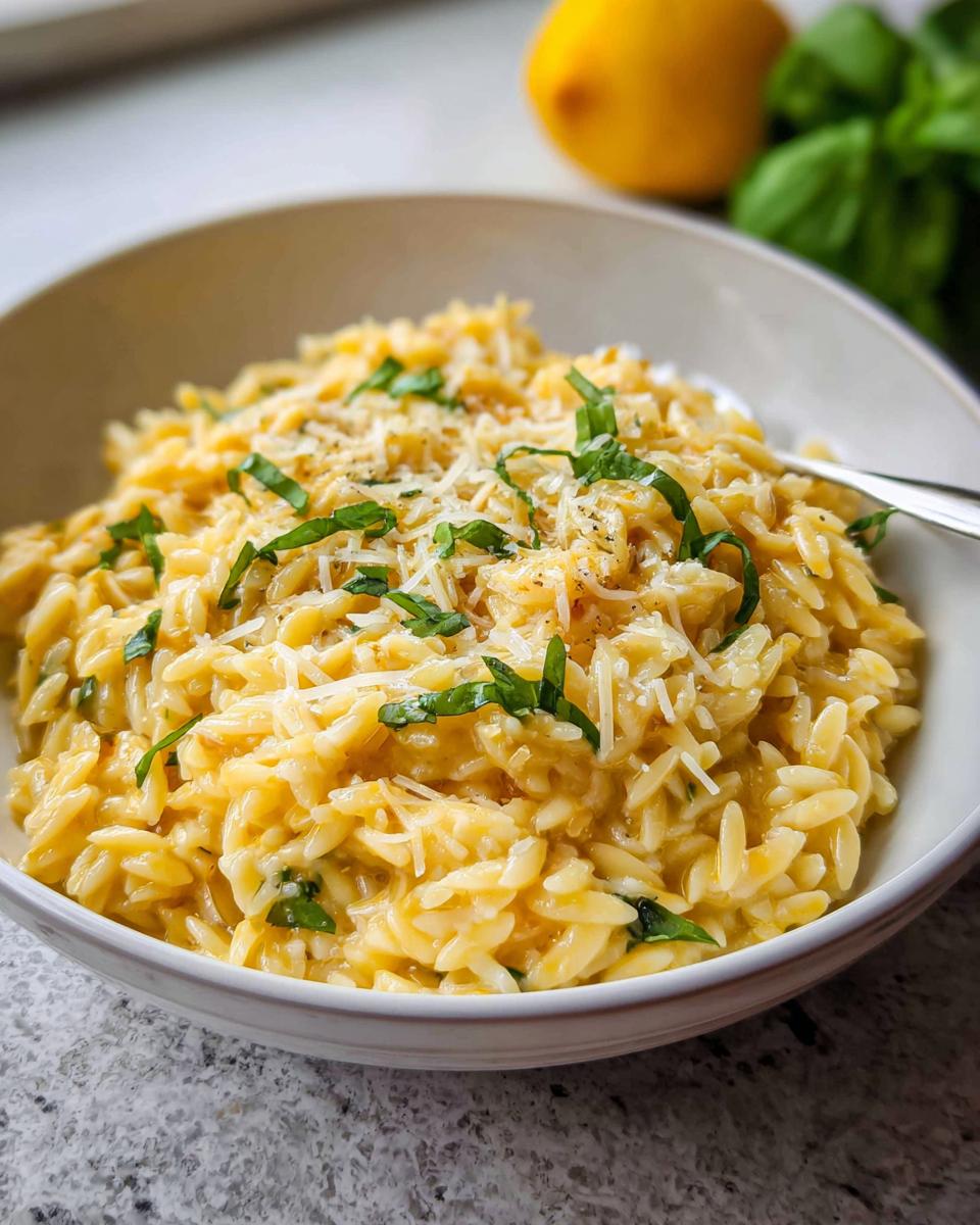 A close-up of creamy Lemon Parmesan Orzo topped with shredded cheese and fresh basil.