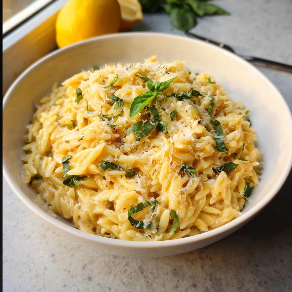 A close-up of creamy Lemon Parmesan Orzo topped with grated cheese and fresh basil in a white bowl.