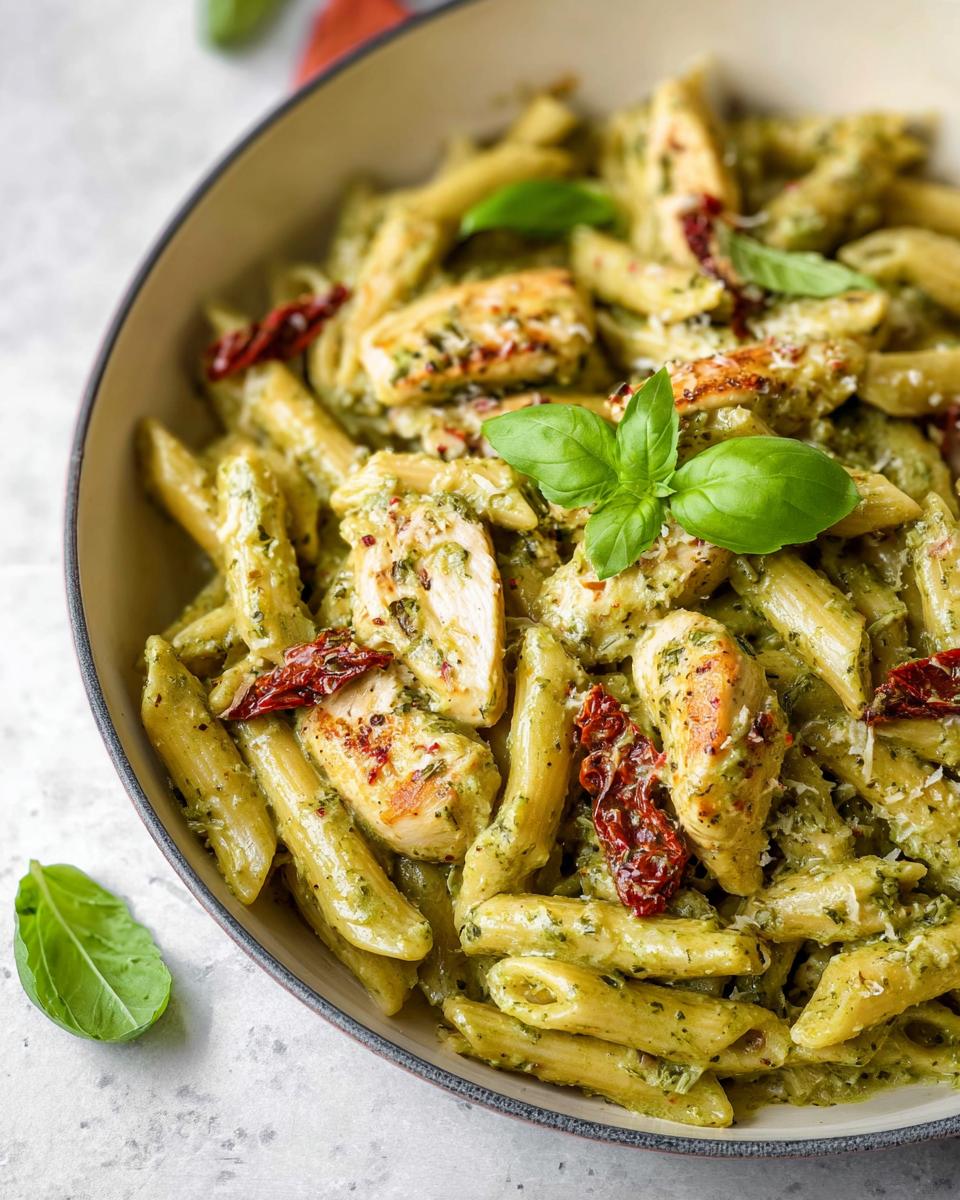 A close-up overhead view of a bowl filled with Creamy Pesto Chicken Pasta, featuring penne, sliced chicken, and sun-dried tomatoes.