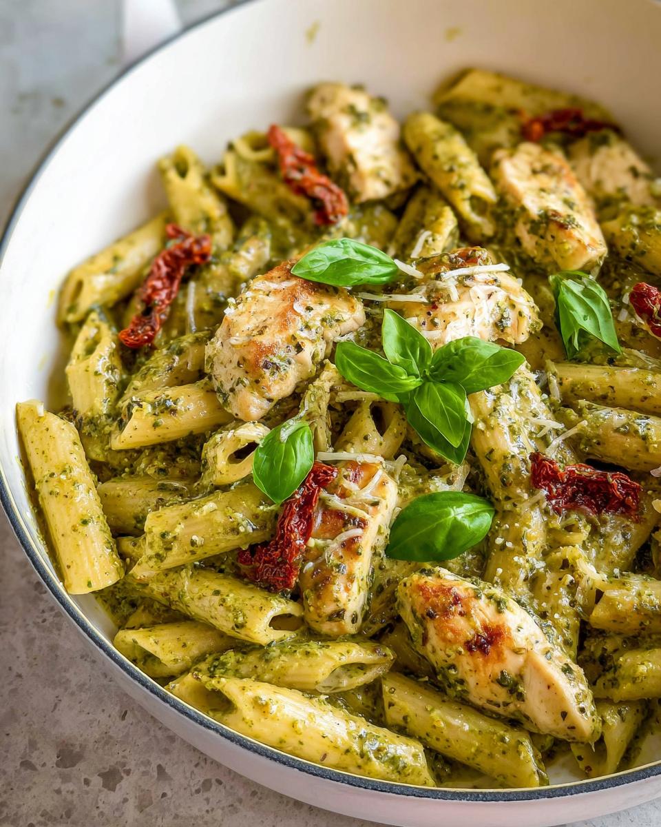 Close-up of penne pasta coated in green pesto sauce with grilled chicken pieces, sun-dried tomatoes, and fresh basil for Creamy Pesto Chicken Pasta.