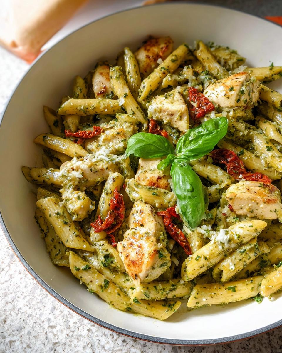 A close-up view of a bowl filled with Creamy Pesto Chicken Pasta, featuring penne, chicken chunks, sun-dried tomatoes, and a basil garnish.