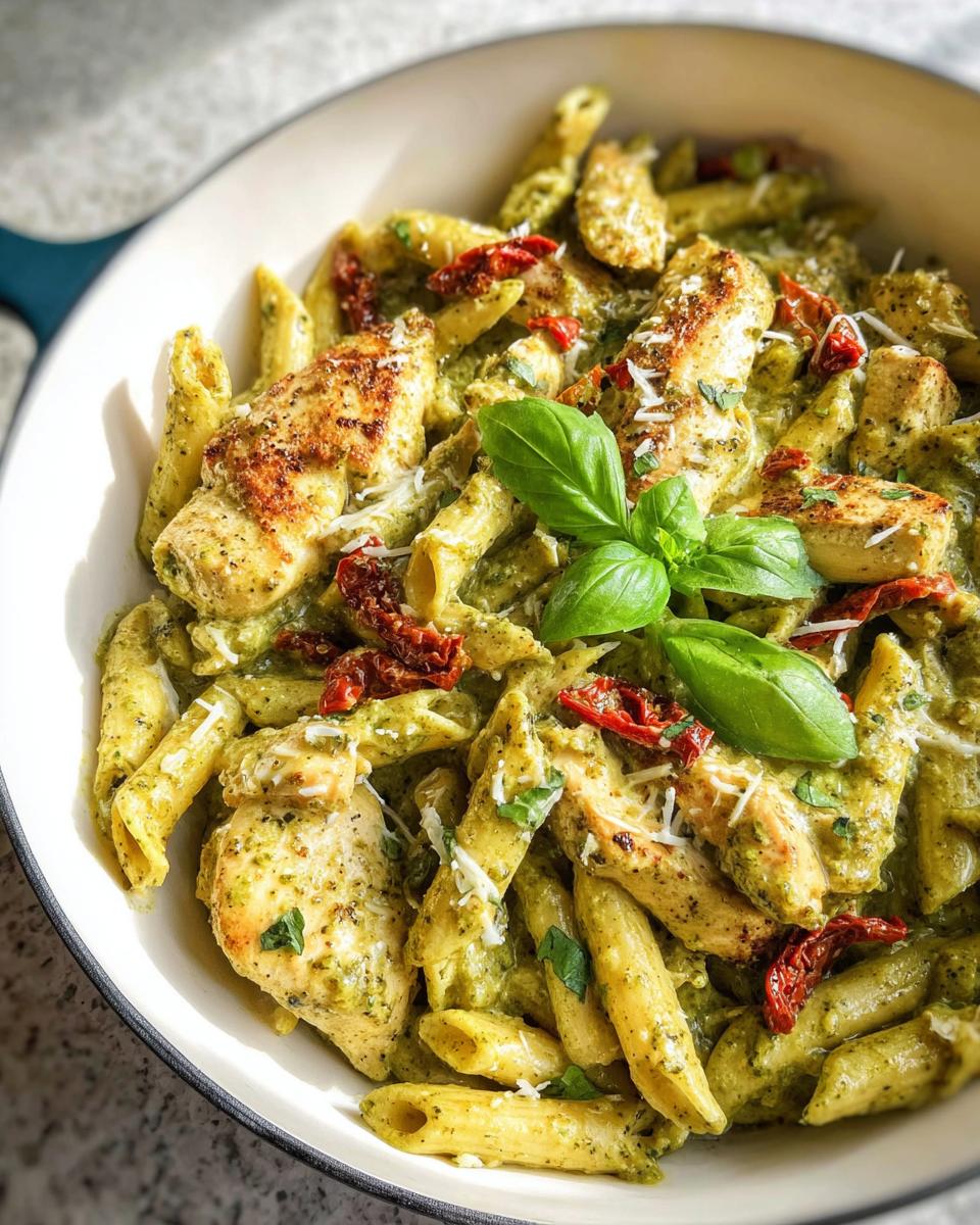 Close-up of Creamy Pesto Chicken Pasta with penne, grilled chicken, sun-dried tomatoes, and fresh basil garnish.