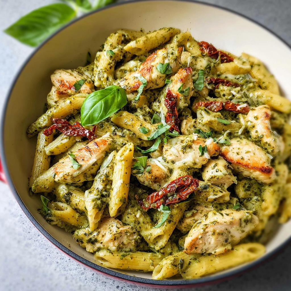 A close-up, overhead view of creamy pesto chicken pasta featuring penne, sliced chicken, and sun-dried tomatoes.