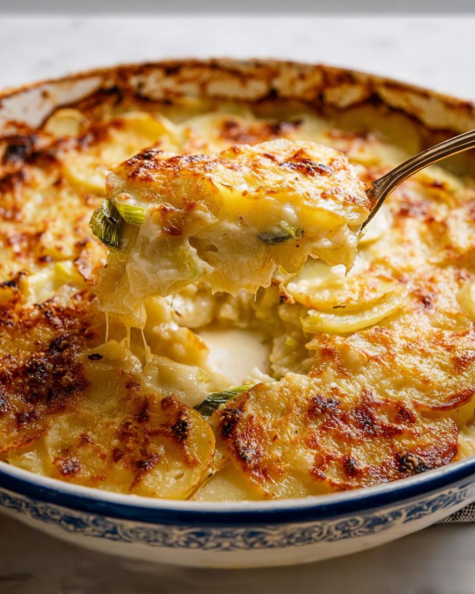 A spoonful of rich, cheesy Creamy Potato Leek Gratin being lifted from a blue and white baking dish.