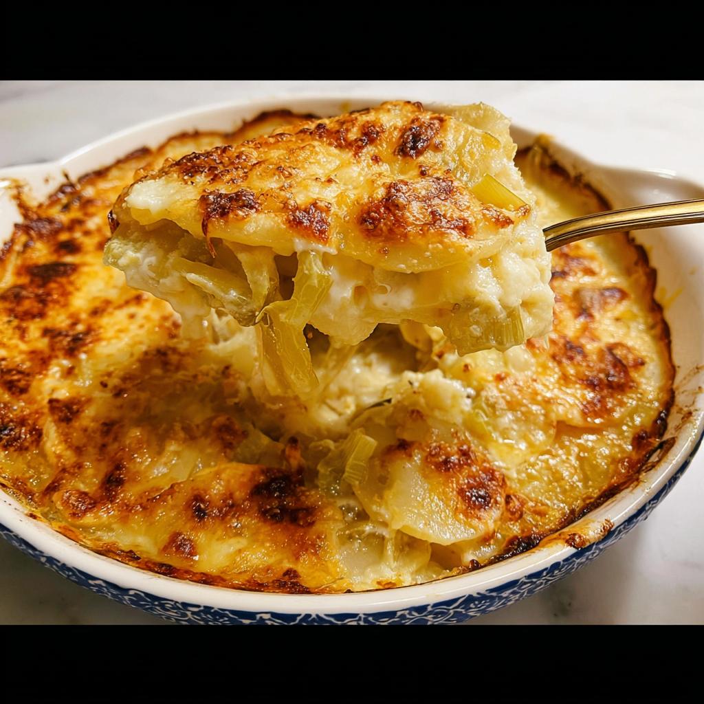 A spoonful of rich Creamy Potato Leek Gratin being lifted from a baking dish showing layers of potatoes and leeks.