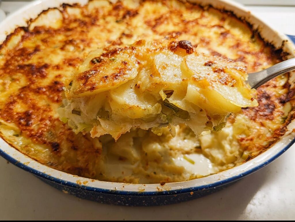 A fork lifts a portion of the rich, creamy potato leek gratin, showing layers of potato and leeks under a golden-brown cheese crust.
