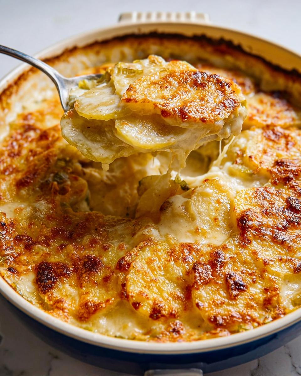 A spoonful of creamy potato leek gratin showing melted cheese and a golden brown top layer.