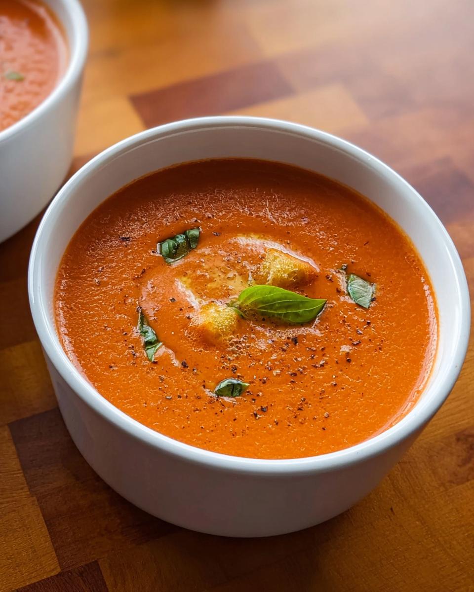 Close-up of a white bowl filled with vibrant orange Creamy Tomato Basil Soup, garnished with basil leaves and croutons.
