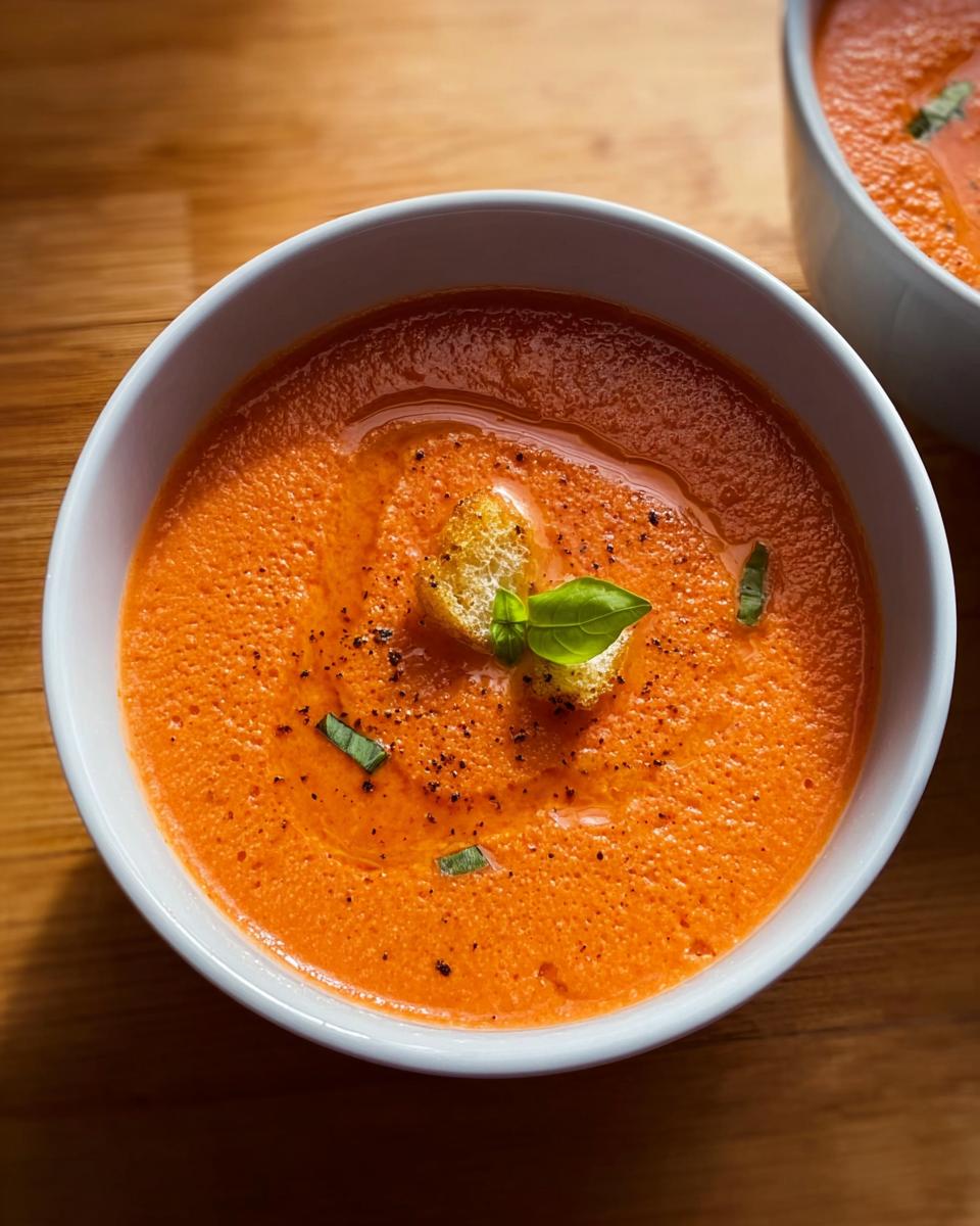 Close-up of a bowl of vibrant orange Creamy Tomato Basil Soup garnished with a crouton and fresh basil.