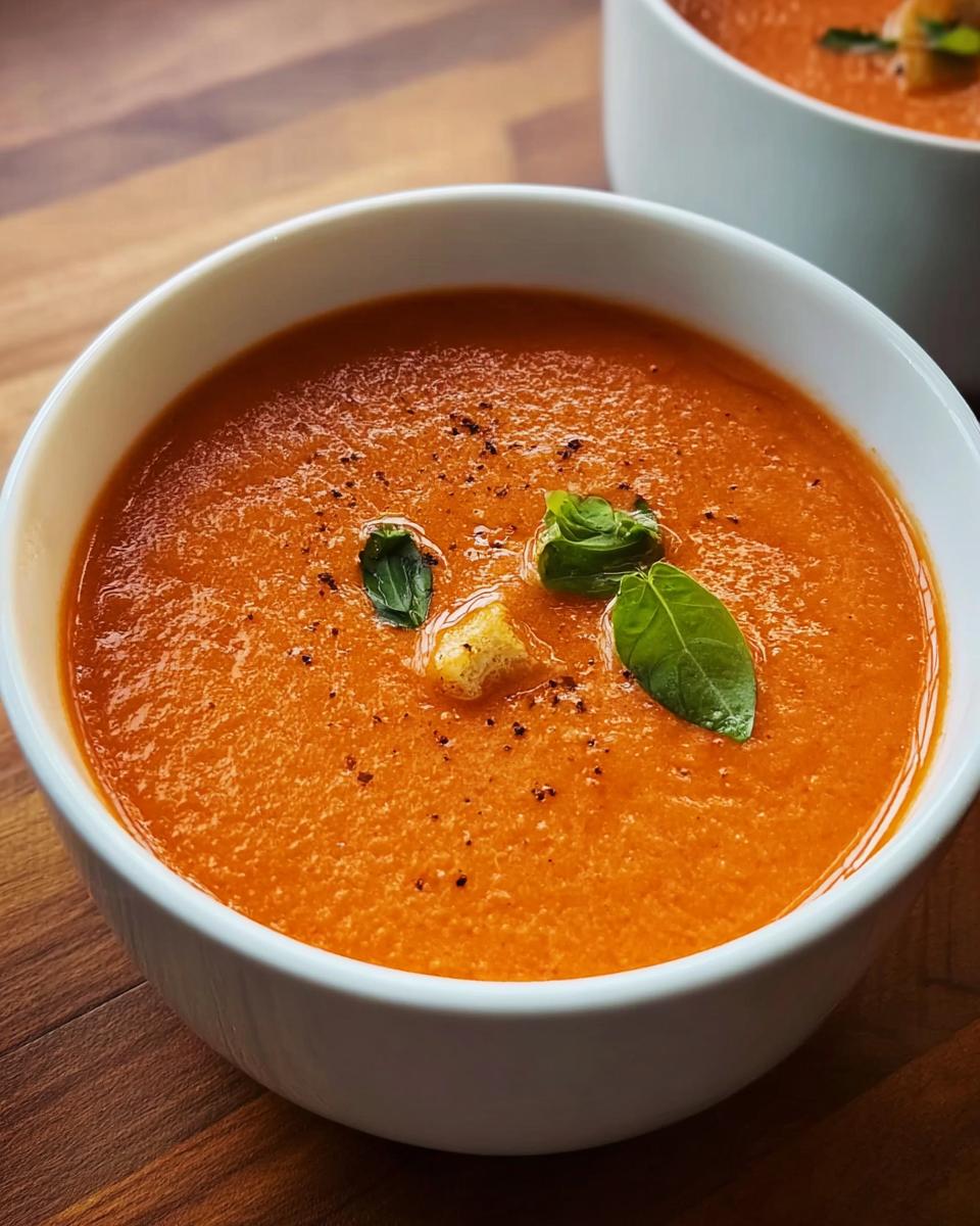 Close-up of a bowl of vibrant Creamy Tomato Basil Soup garnished with fresh basil leaves and cracked black pepper.