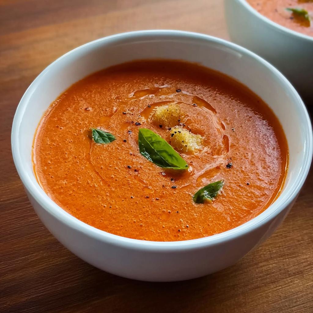 Close-up of a white bowl filled with vibrant orange Creamy Tomato Basil Soup, garnished with fresh basil leaves and croutons.