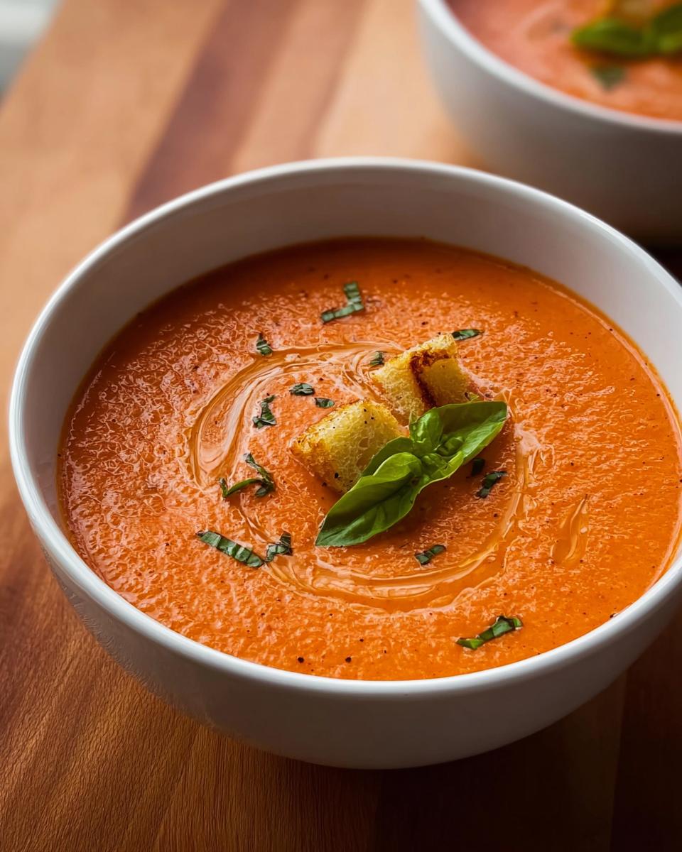 Close-up of a bowl of vibrant Creamy Tomato Basil Soup, garnished with croutons and fresh basil.