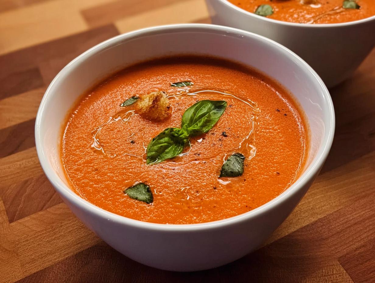 A close-up of a white bowl filled with vibrant orange Creamy Tomato Basil Soup, garnished with fresh basil and croutons.