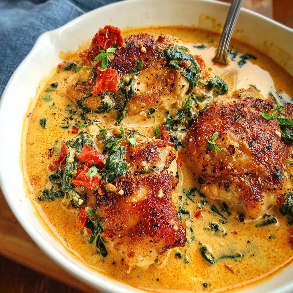 Close-up of seared Creamy Tuscan Chicken Thighs swimming in a rich, orange-hued cream sauce with spinach and sun-dried tomatoes.