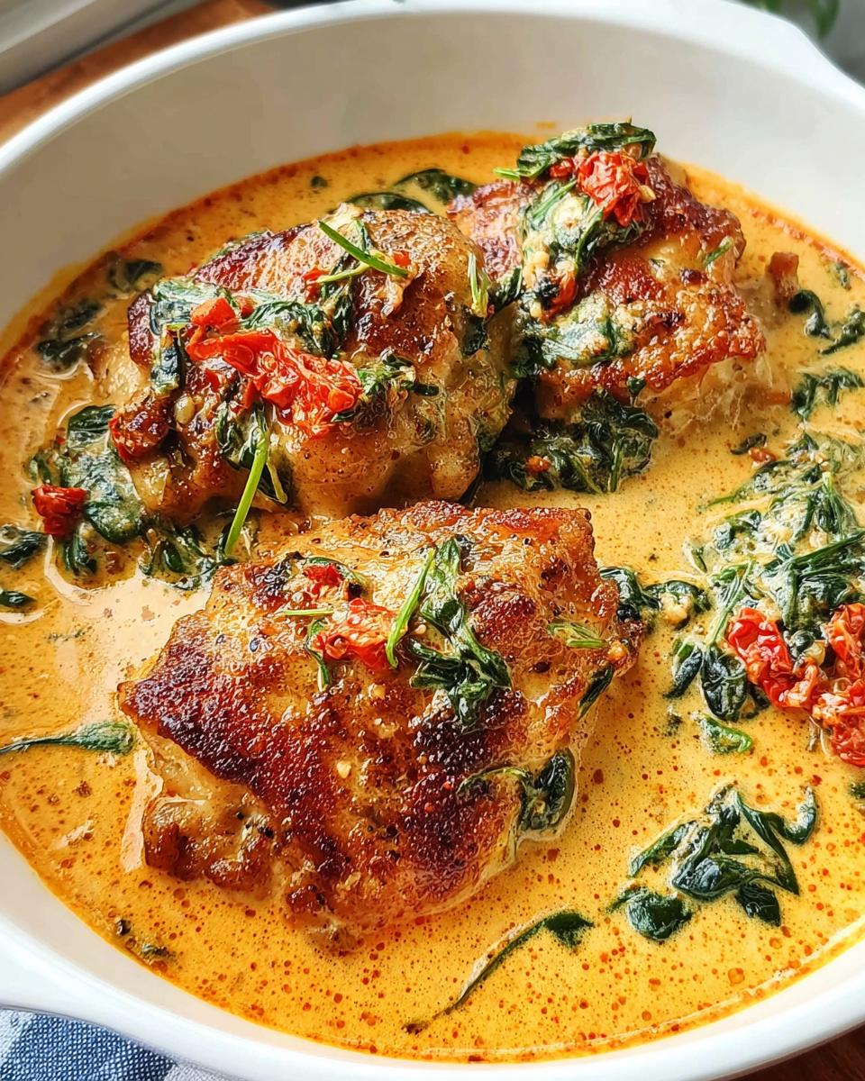 Two perfectly seared Creamy Tuscan Chicken Thighs swimming in a rich, orange-hued cream sauce with spinach and sun-dried tomatoes.