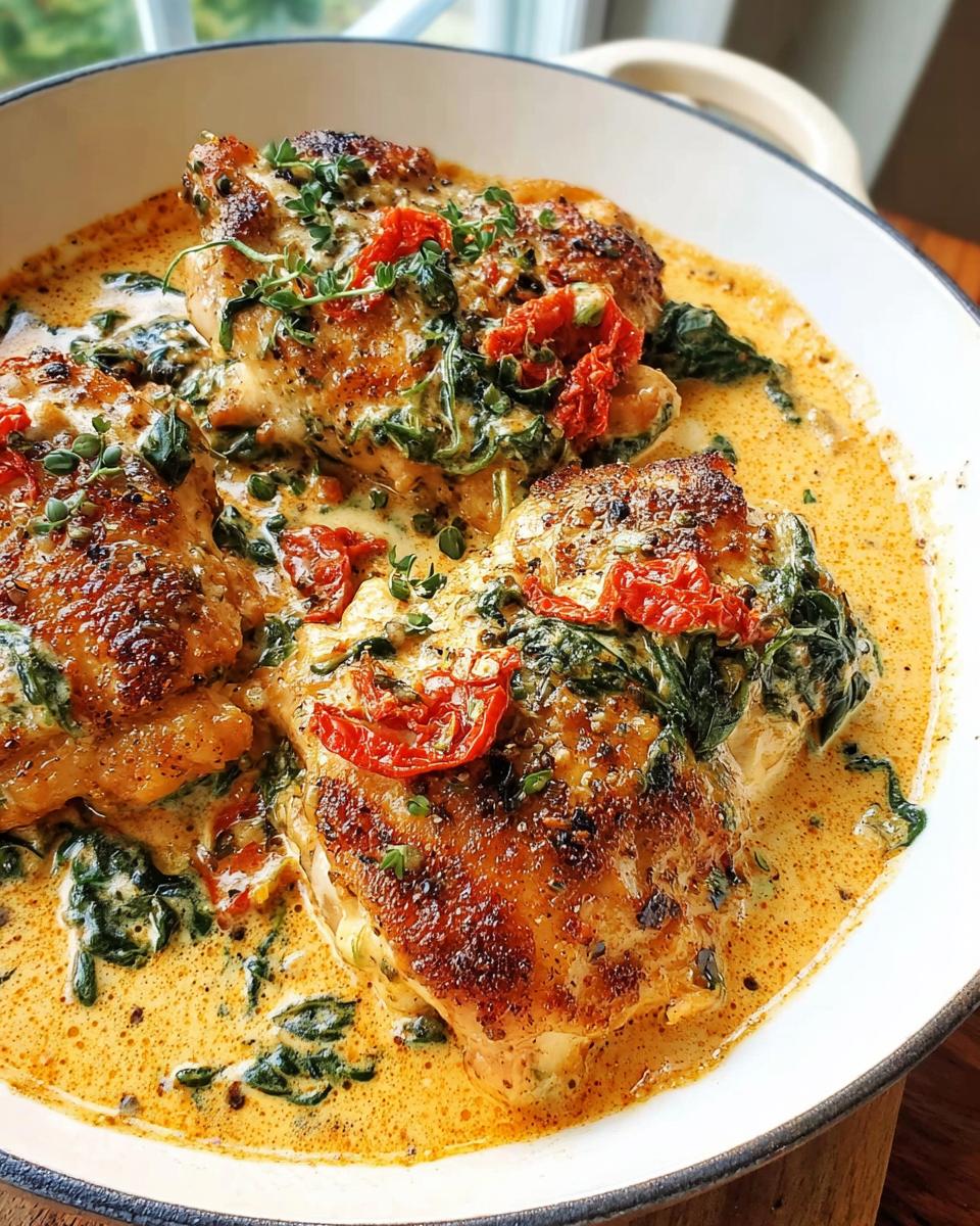 Close-up of seared Creamy Tuscan Chicken Thighs covered in a rich, creamy sauce with spinach and sun-dried tomatoes.