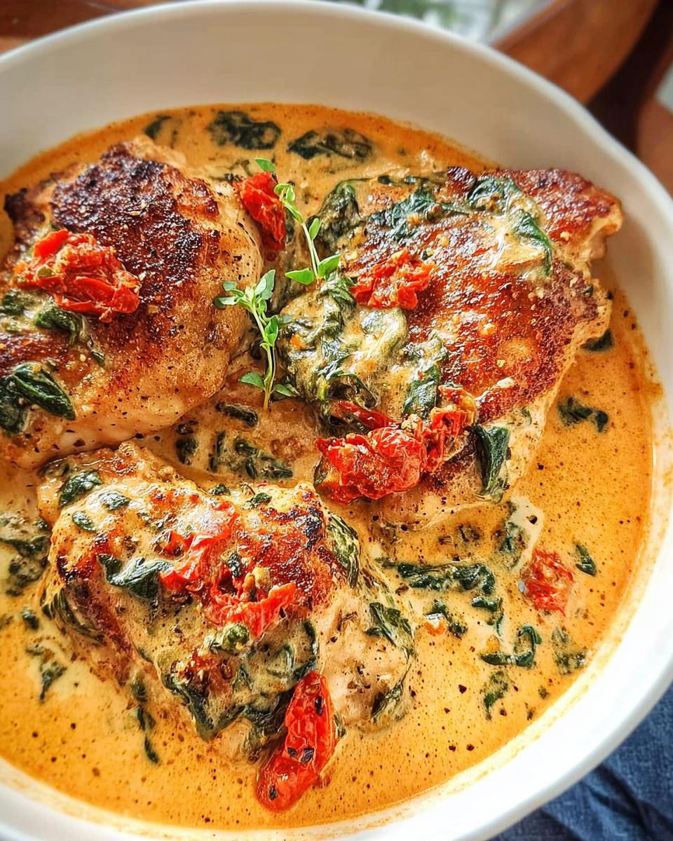Close-up of seared Creamy Tuscan Chicken Thighs submerged in a rich, orange-hued cream sauce with spinach and sun-dried tomatoes.