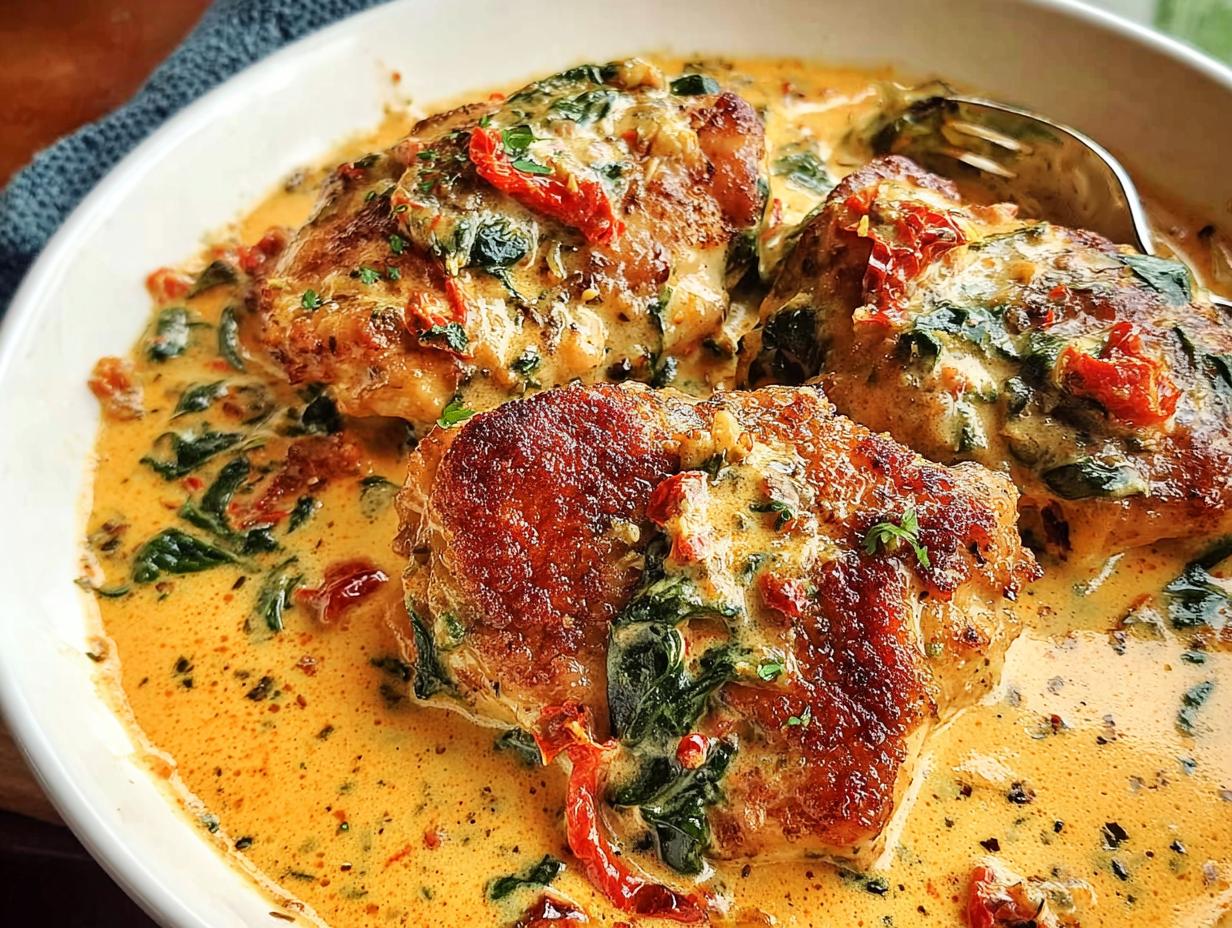 Three golden-brown Creamy Tuscan Chicken Thighs smothered in a rich, creamy sauce with spinach and sun-dried tomatoes.
