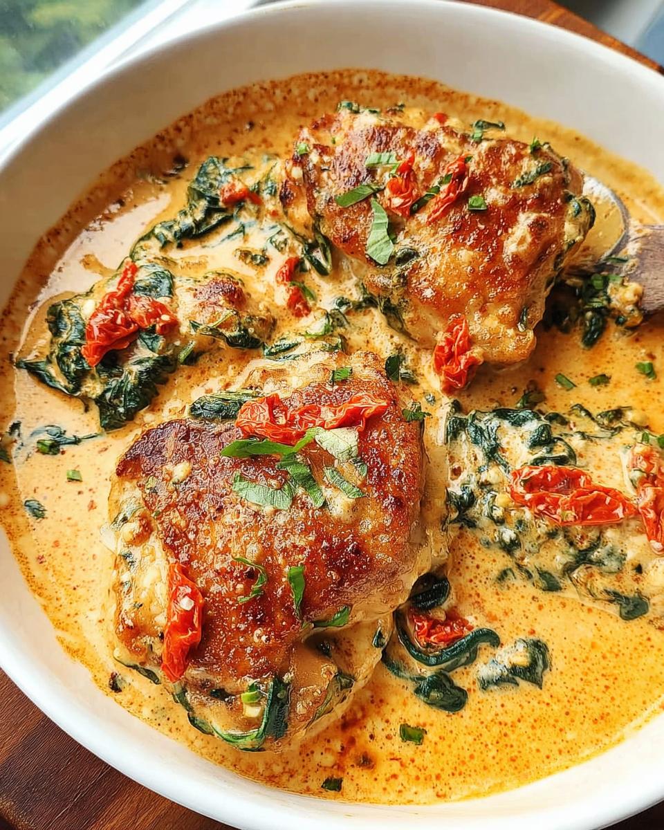 Close-up of seared Creamy Tuscan Chicken Thighs submerged in a rich, creamy sauce with spinach and sun-dried tomatoes.