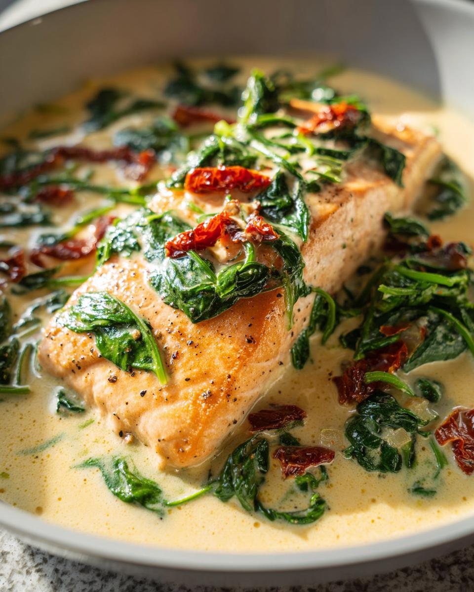 Close-up of a pan-seared salmon fillet topped with spinach and sun-dried tomatoes in a rich sauce for Creamy Tuscan Salmon with Spinach.