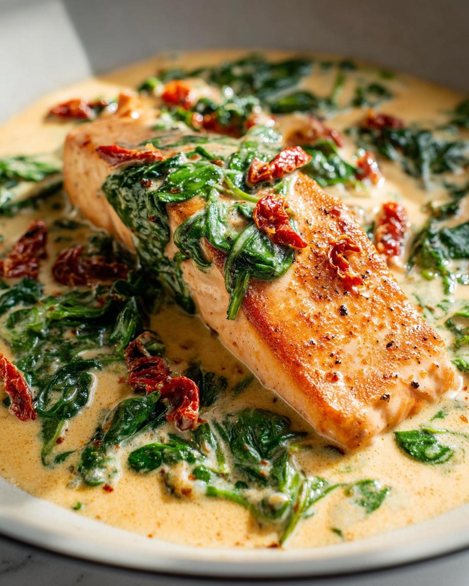 A close-up of a perfectly seared salmon fillet submerged in a rich, creamy sauce with wilted spinach and sun-dried tomatoes, featuring Creamy Tuscan Salmon with Spinach.
