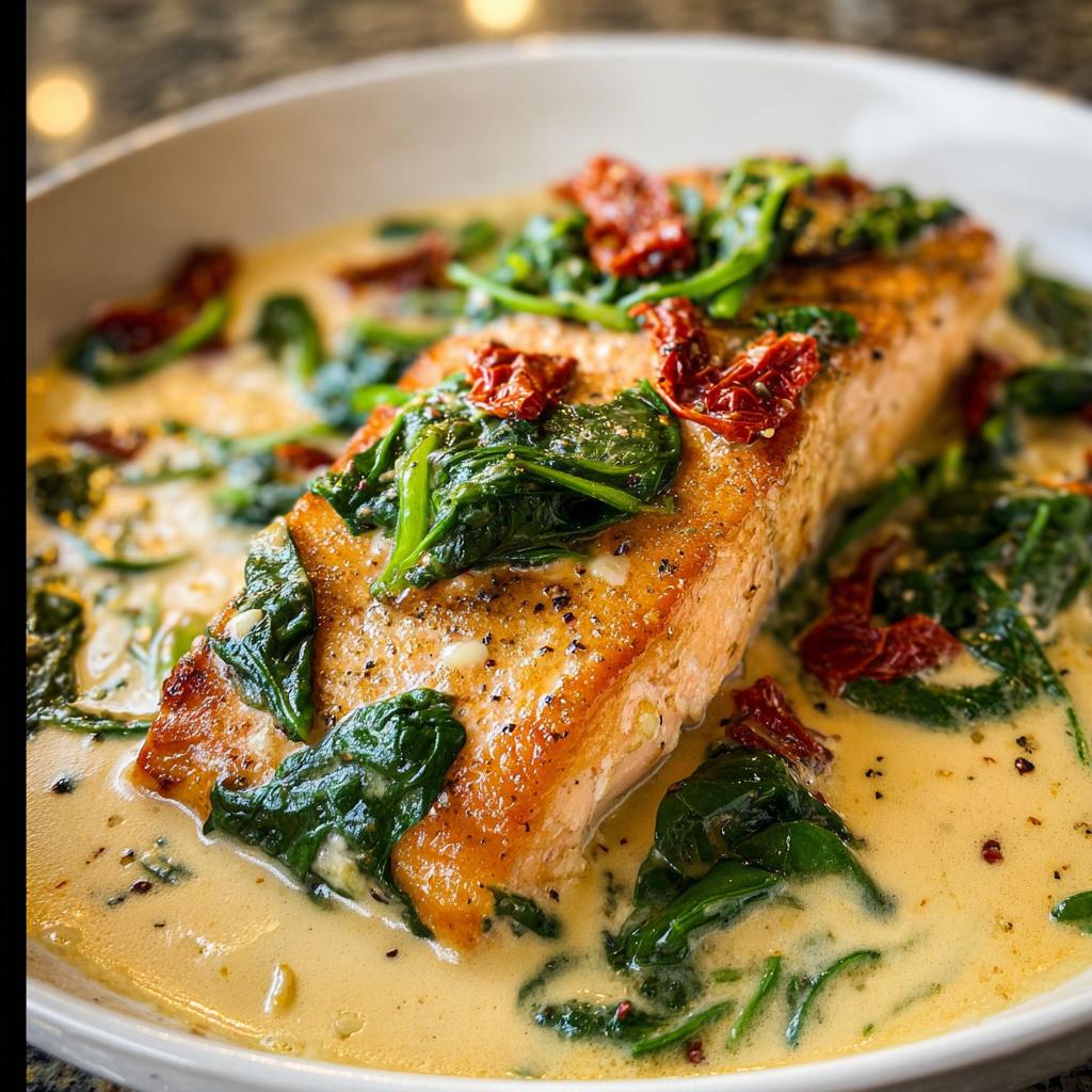 Close-up of a pan-seared salmon fillet topped with spinach and sun-dried tomatoes in a rich sauce, featuring Creamy Tuscan Salmon with Spinach.