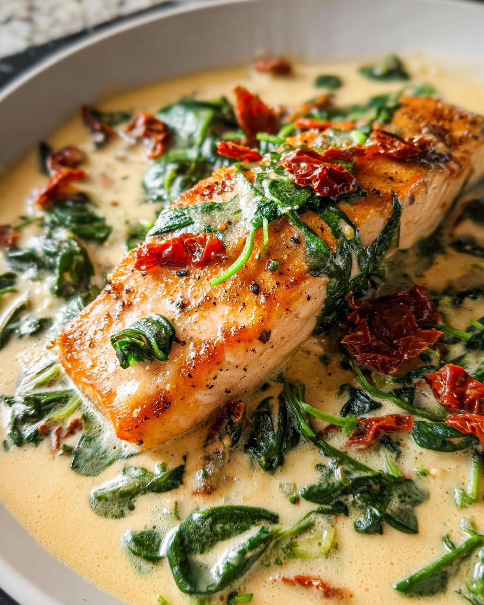 Close-up of a seared salmon fillet served in a rich, creamy sauce with wilted spinach and sun-dried tomatoes: Creamy Tuscan Salmon with Spinach.