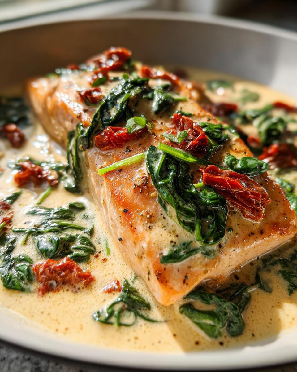 A perfectly cooked fillet of Creamy Tuscan Salmon with Spinach and sun-dried tomatoes in a rich cream sauce.