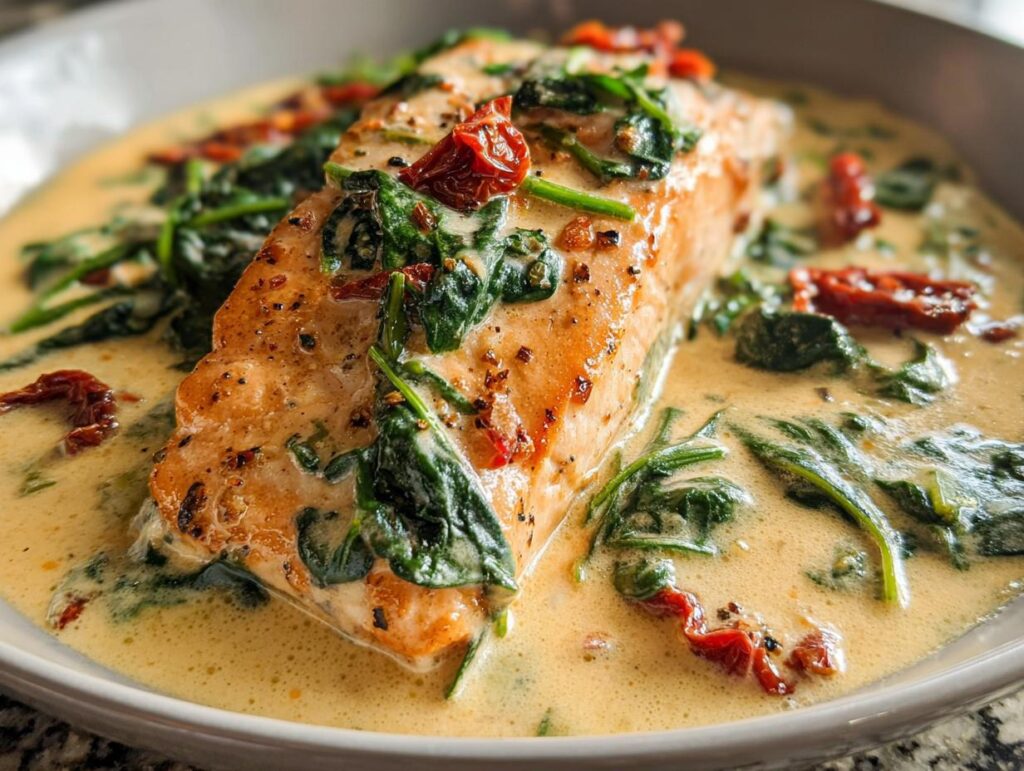 A close-up of a perfectly cooked salmon fillet covered in a rich, creamy sauce with spinach and sun-dried tomatoes: Creamy Tuscan Salmon with Spinach.