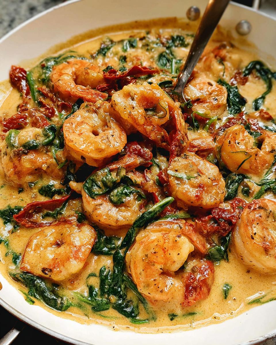 Close-up overhead view of plump shrimp cooking in a rich, creamy sauce with wilted spinach and sun-dried tomatoes: Creamy Tuscan Shrimp and Spinach.