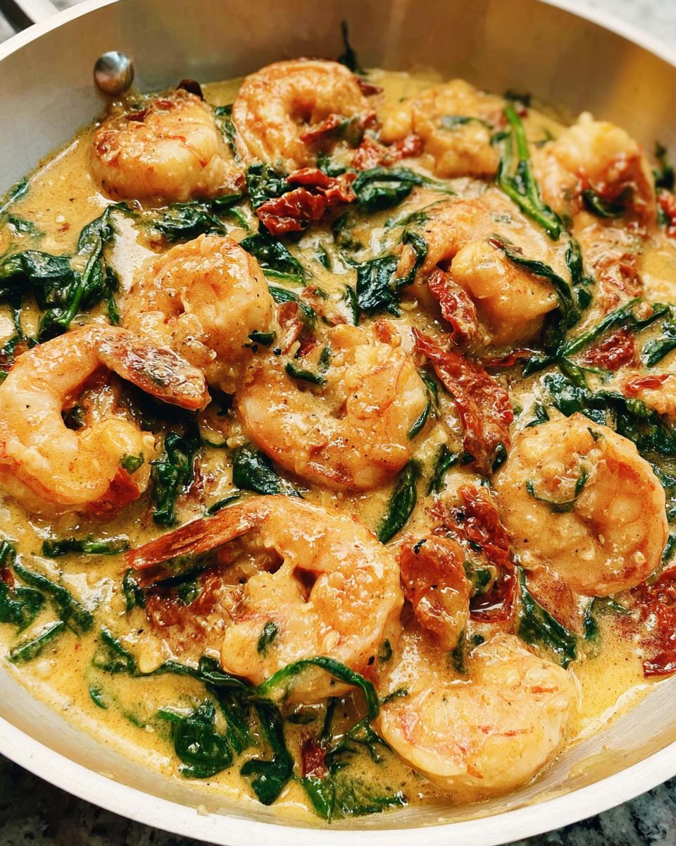 Close-up shot of plump shrimp simmering in a rich, creamy sauce with spinach and sun-dried tomatoes in a stainless steel pan, featuring Creamy Tuscan Shrimp and Spinach.