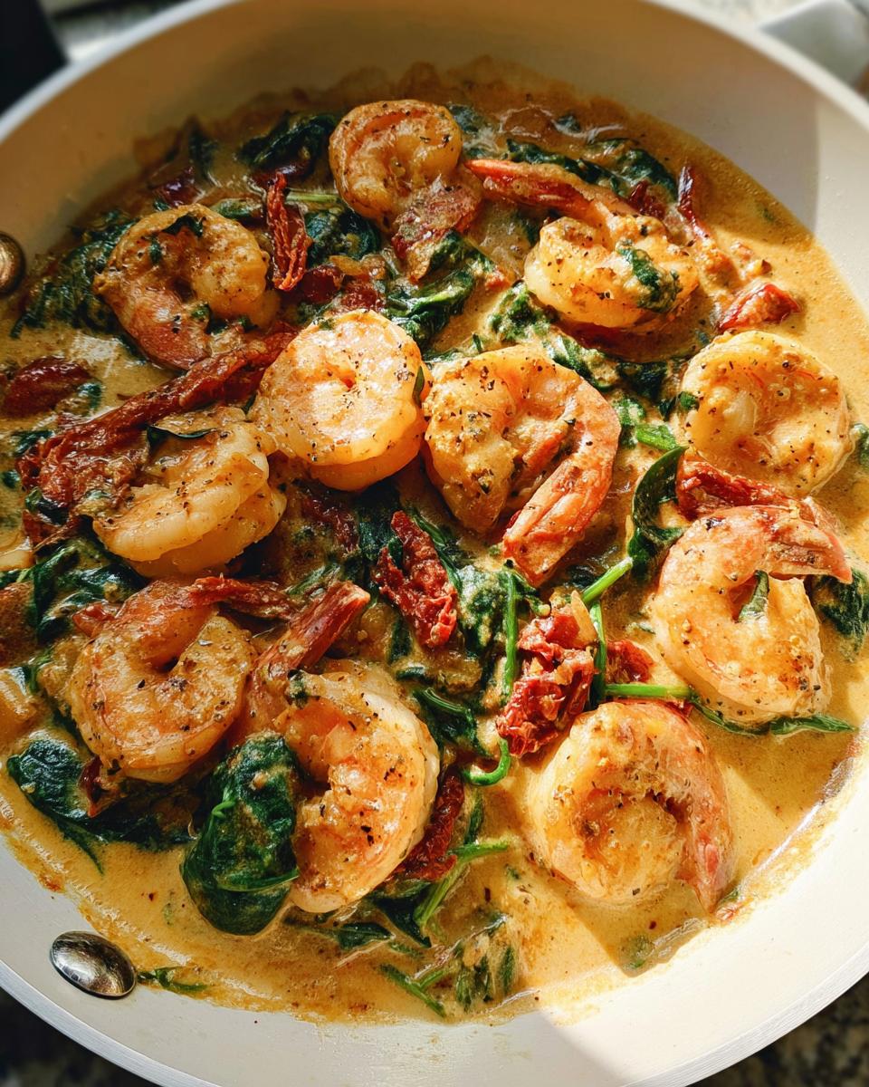 Close-up overhead view of plump shrimp simmering in a rich, creamy sauce with spinach and sun-dried tomatoes in a white skillet, featuring Creamy Tuscan Shrimp and Spinach.