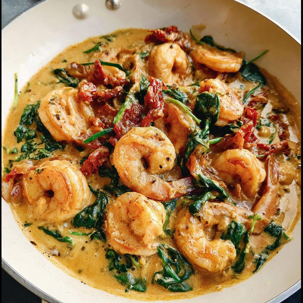 Close-up of succulent shrimp simmering in a rich, creamy sauce with spinach and sun-dried tomatoes for Creamy Tuscan Shrimp and Spinach.