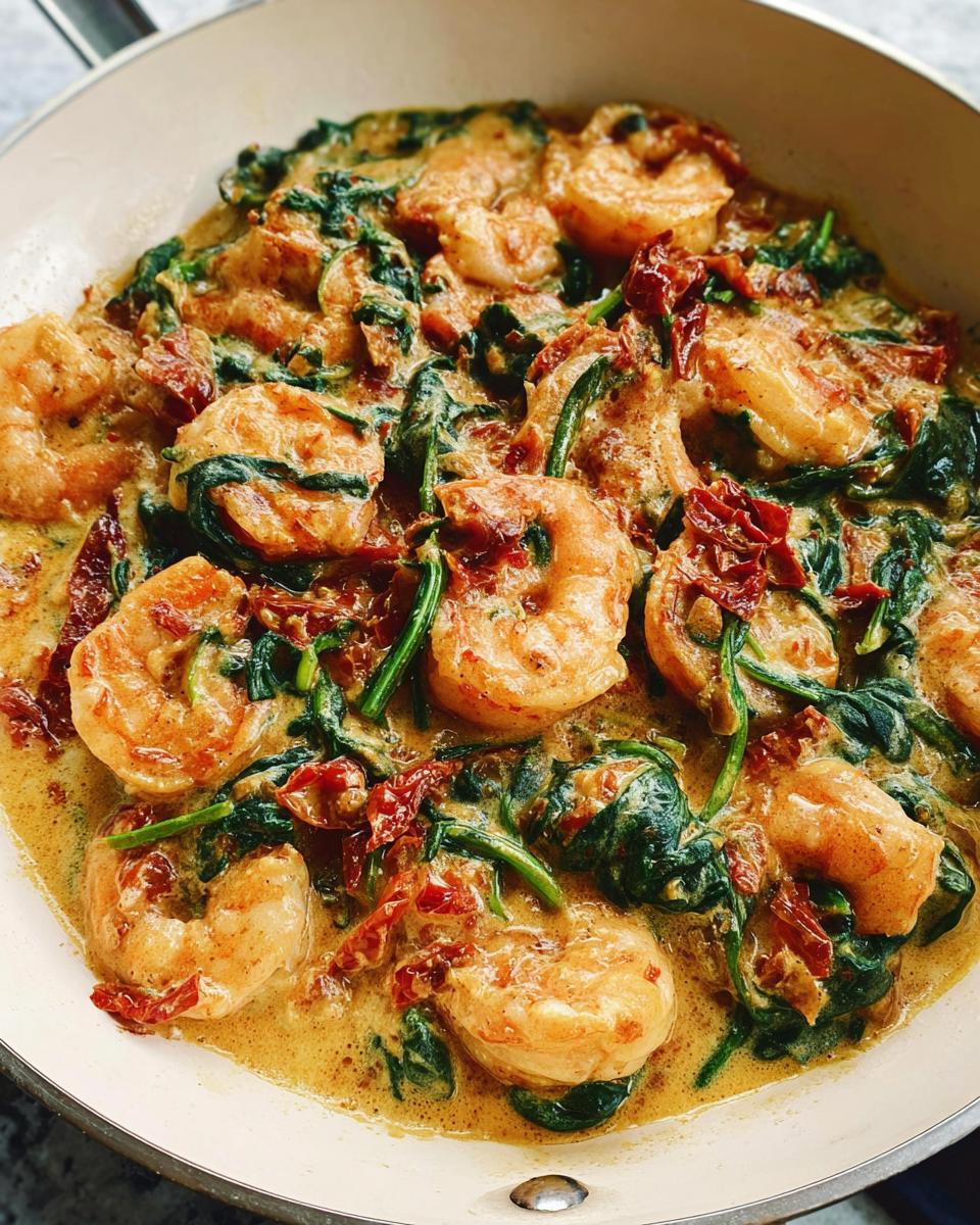 A close-up view of plump shrimp simmering in a rich, creamy sauce with wilted spinach and sun-dried tomatoes, featuring Creamy Tuscan Shrimp and Spinach.