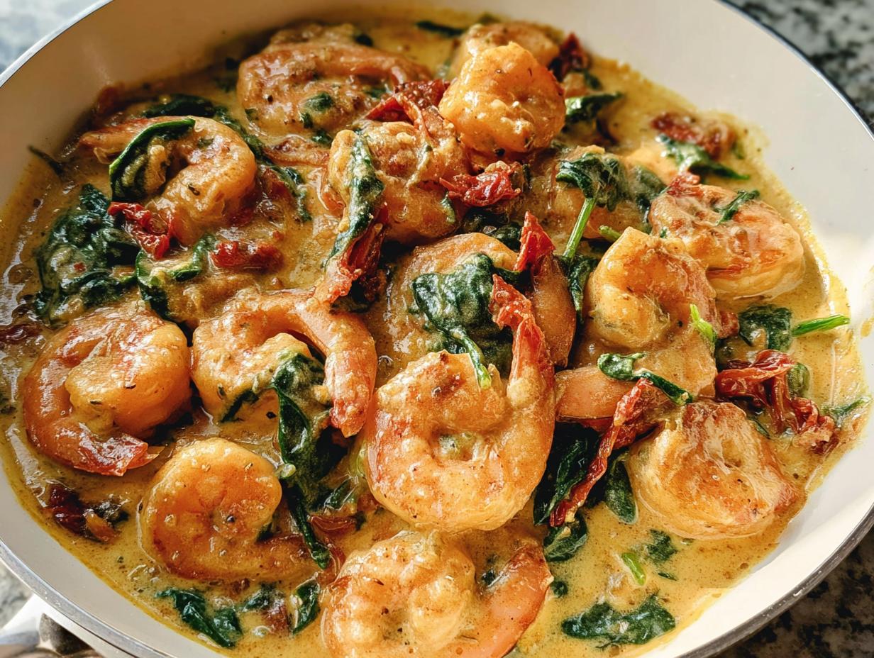 Close-up of plump shrimp swimming in a rich, creamy sauce with wilted spinach and sun-dried tomatoes: Creamy Tuscan Shrimp and Spinach.