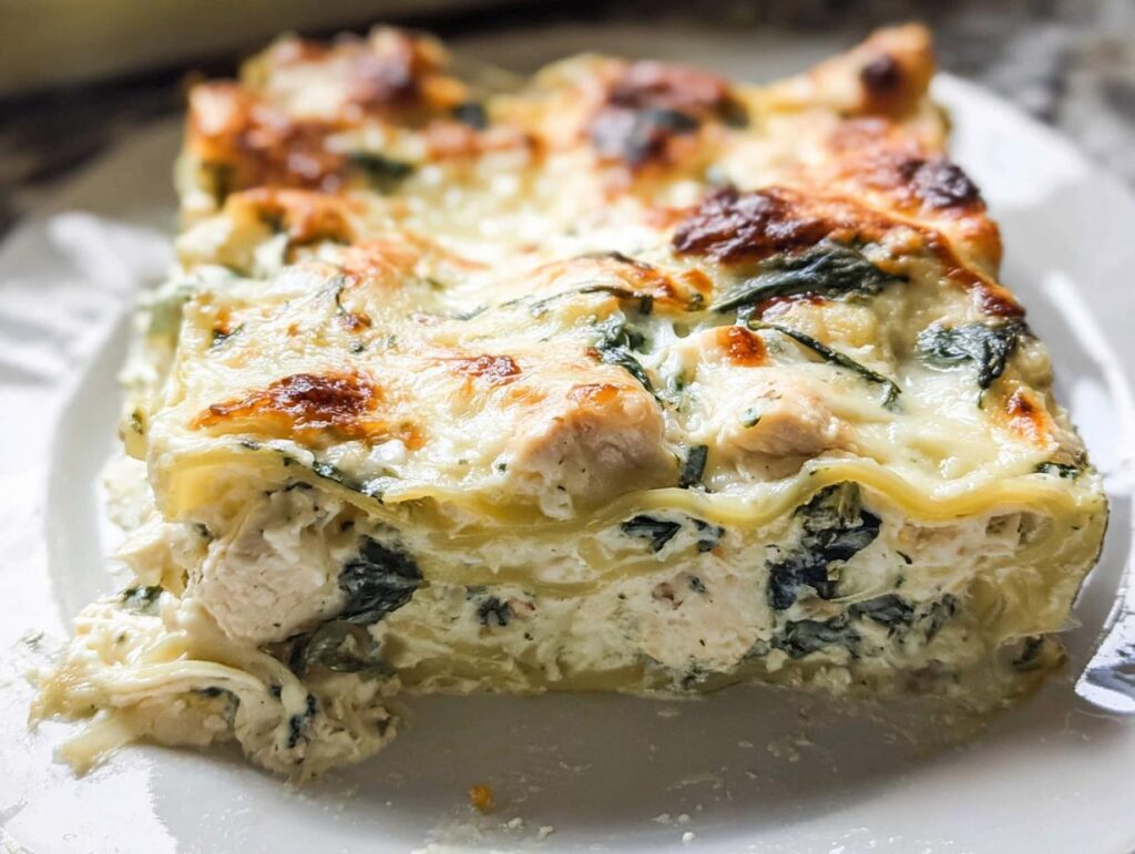 A close-up of a perfectly baked slice of Creamy White Chicken Spinach Lasagna showing layers of pasta, chicken, spinach, and cheesy white sauce.