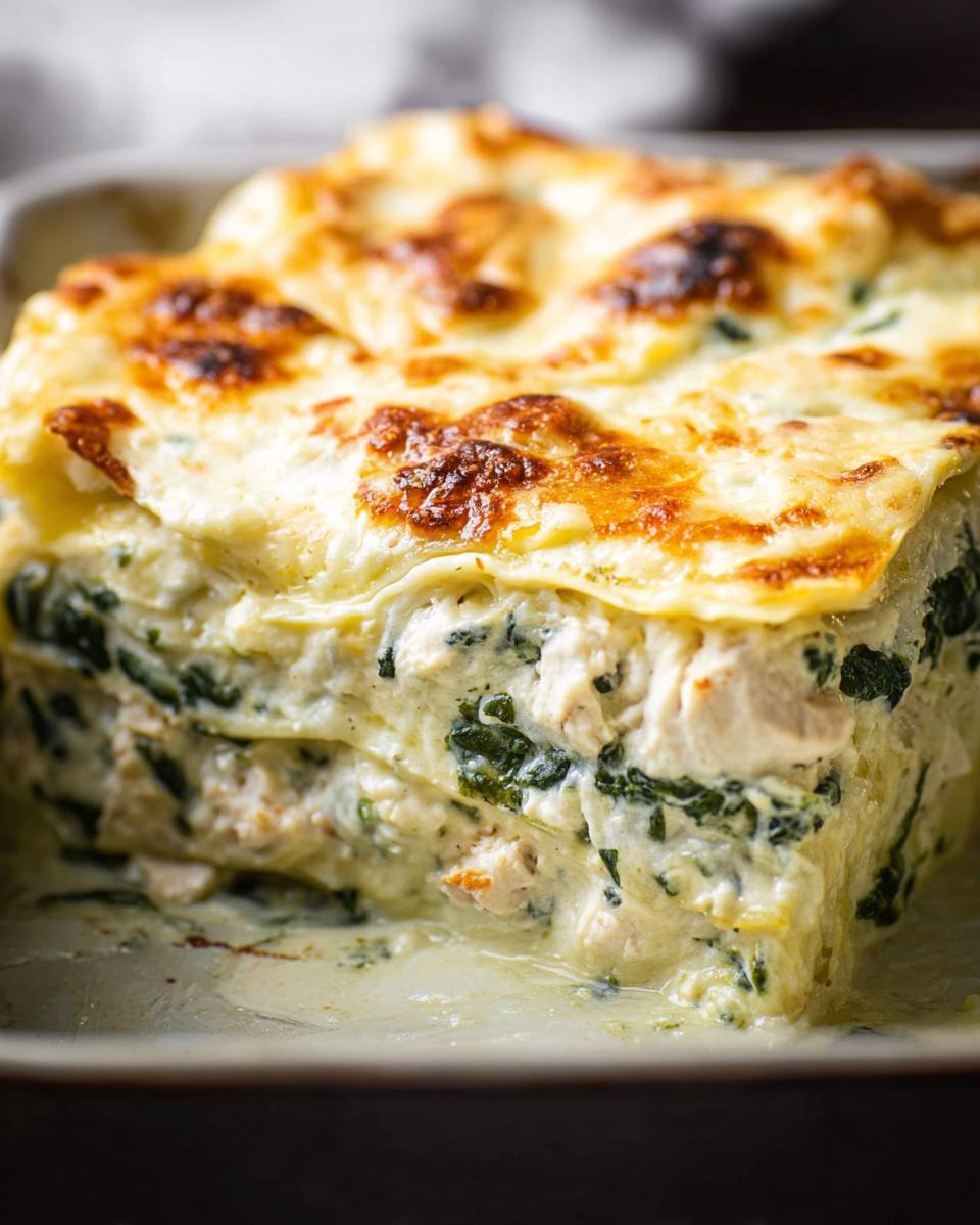 A close-up of a thick slice of Creamy White Chicken Spinach Lasagna with a golden, bubbly cheese top.