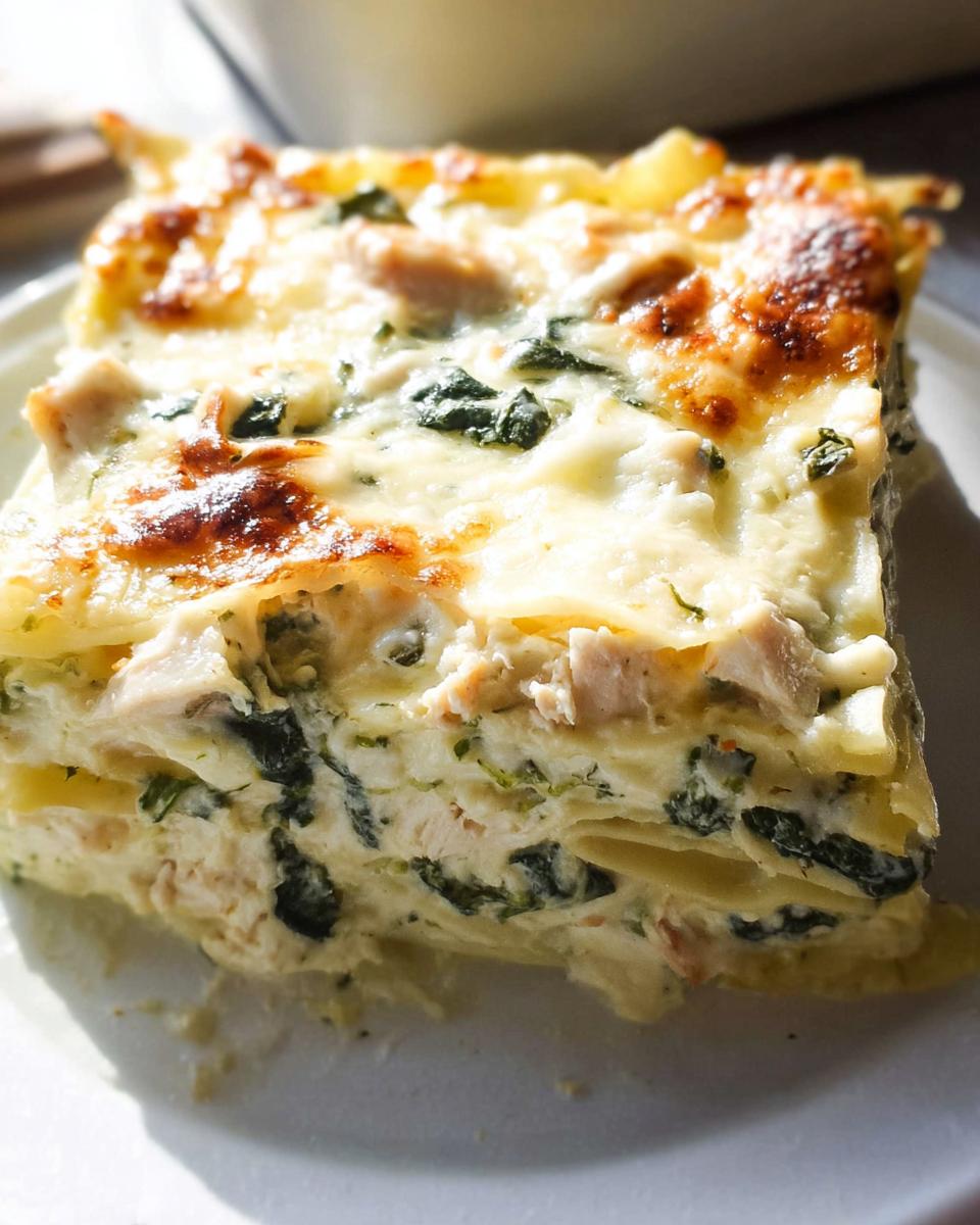 A close-up of a layered slice of Creamy White Chicken Spinach Lasagna with a golden-brown cheesy top.