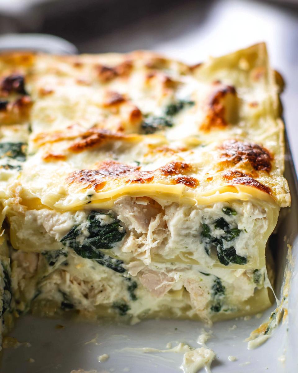 Close-up of a thick slice of Creamy White Chicken Spinach Lasagna showing layers of pasta, creamy sauce, chicken, and spinach.