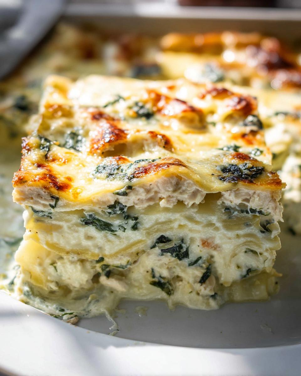 Close-up of a thick slice of Creamy White Chicken Spinach Lasagna showing layers of pasta, cheese sauce, chicken, and spinach.