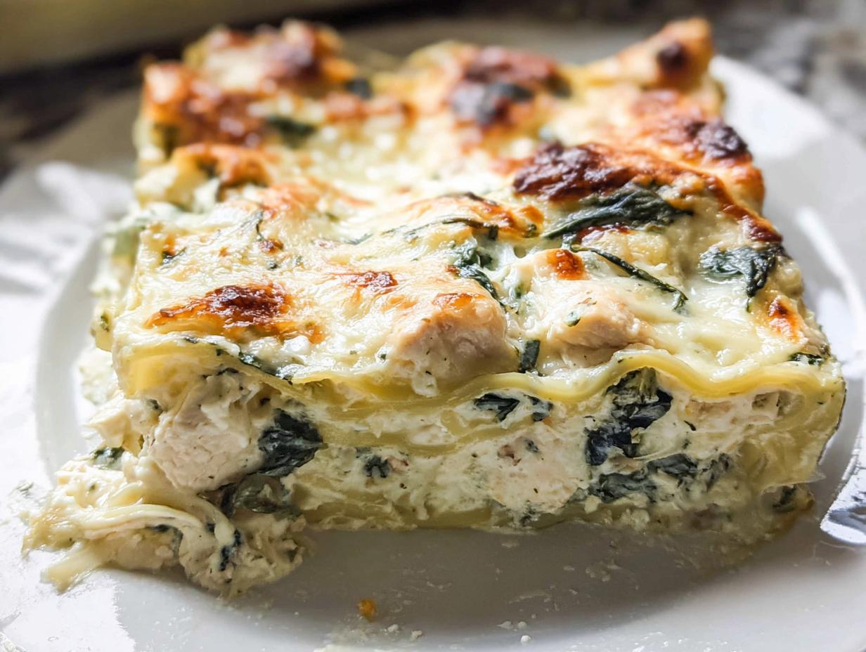 A close-up of a perfectly baked slice of Creamy White Chicken Spinach Lasagna showing layers of pasta, chicken, spinach, and cheesy white sauce.