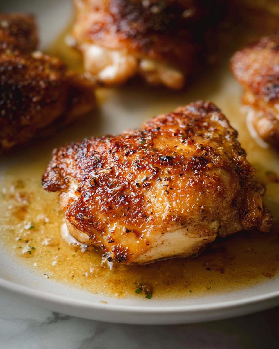 Close-up of a perfectly browned, crispy baked garlic chicken thighs piece resting in its savory pan juices.