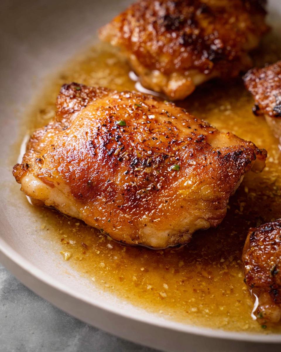 A close-up shot of a perfectly cooked, crispy baked garlic chicken thigh resting in its savory pan juices.