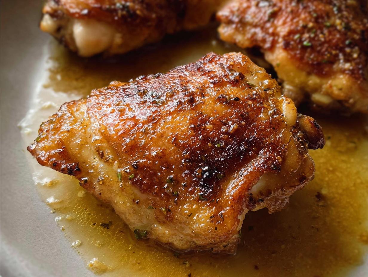 A close-up of a perfectly browned, crispy baked garlic chicken thigh resting in its savory pan juices.