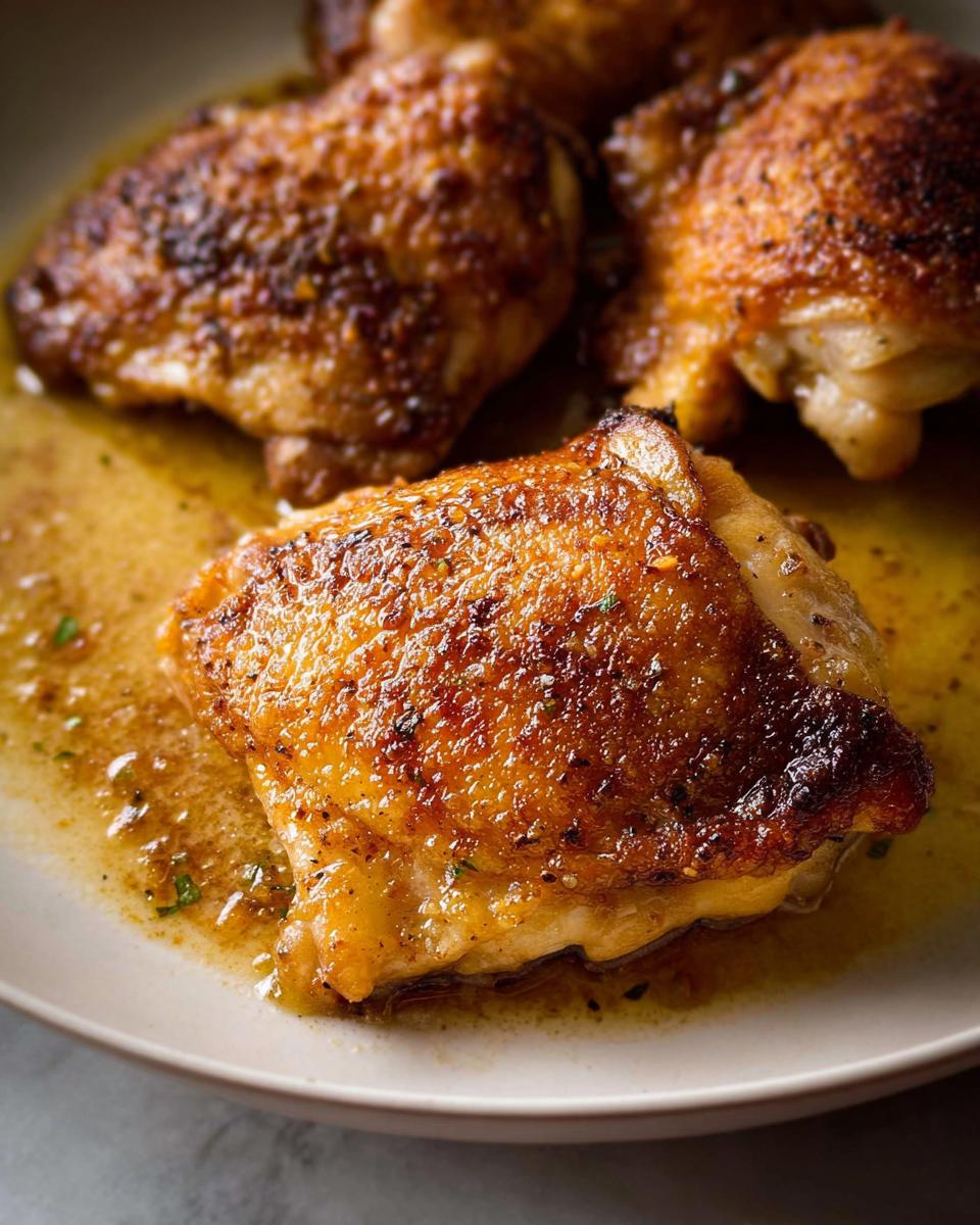 Close-up of a golden brown, crispy skin on Crispy Baked Garlic Chicken Thighs resting in pan juices.
