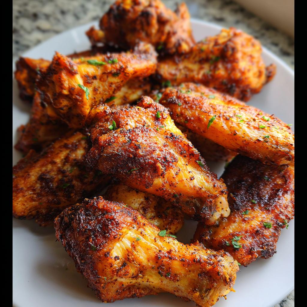 A pile of perfectly cooked, crispy Cajun Dry Rub Chicken Wings garnished with parsley on a white plate.
