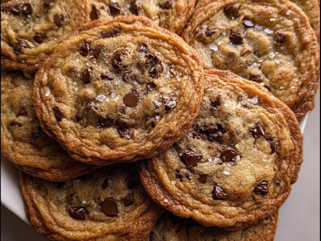 A pile of freshly baked Crispy Chewy Thin Chocolate Chip Cookies sprinkled with sea salt.