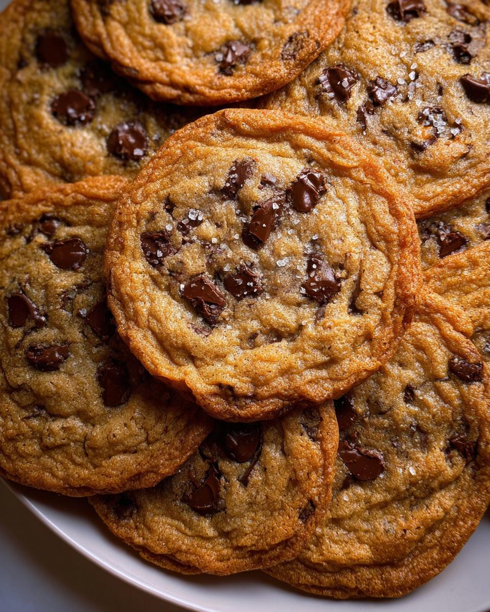 A close-up stack of freshly baked Crispy Chewy Thin Chocolate Chip Cookies sprinkled with sea salt.