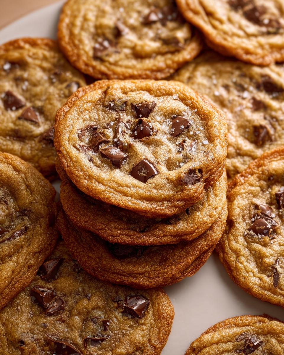 A close-up stack of golden brown Crispy Chewy Thin Chocolate Chip Cookies sprinkled with sea salt.